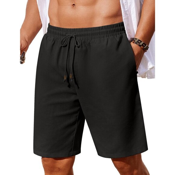 Mens Casual Black Shorts Linen Blend Drawstring Elastic Waist Summer Beachwear - Picture 1 of 5